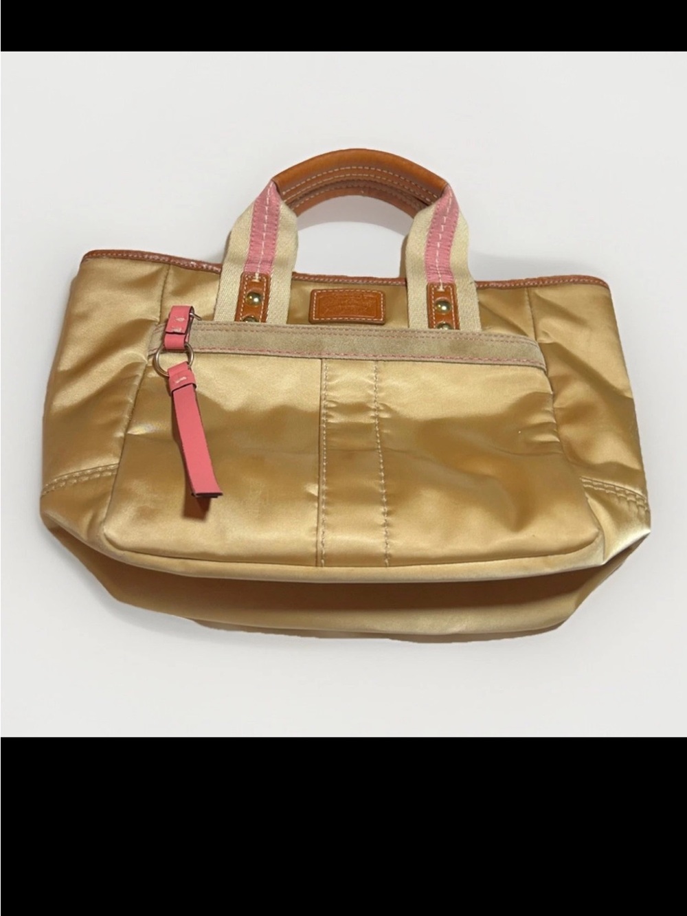 Coach Mini Tote, Hamptons Golden Satin, Suede, Brown Leather Handles, Pink Trim